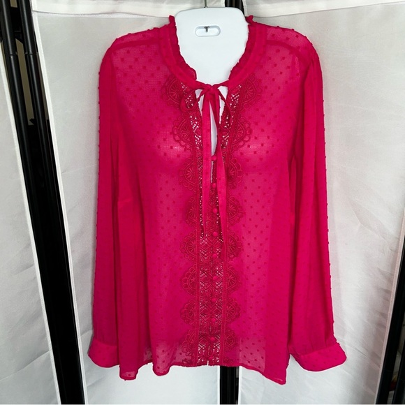 Torrid Chiffon Clip Dot Ruffle Neck Tie Front Top - Picture 5 of 10